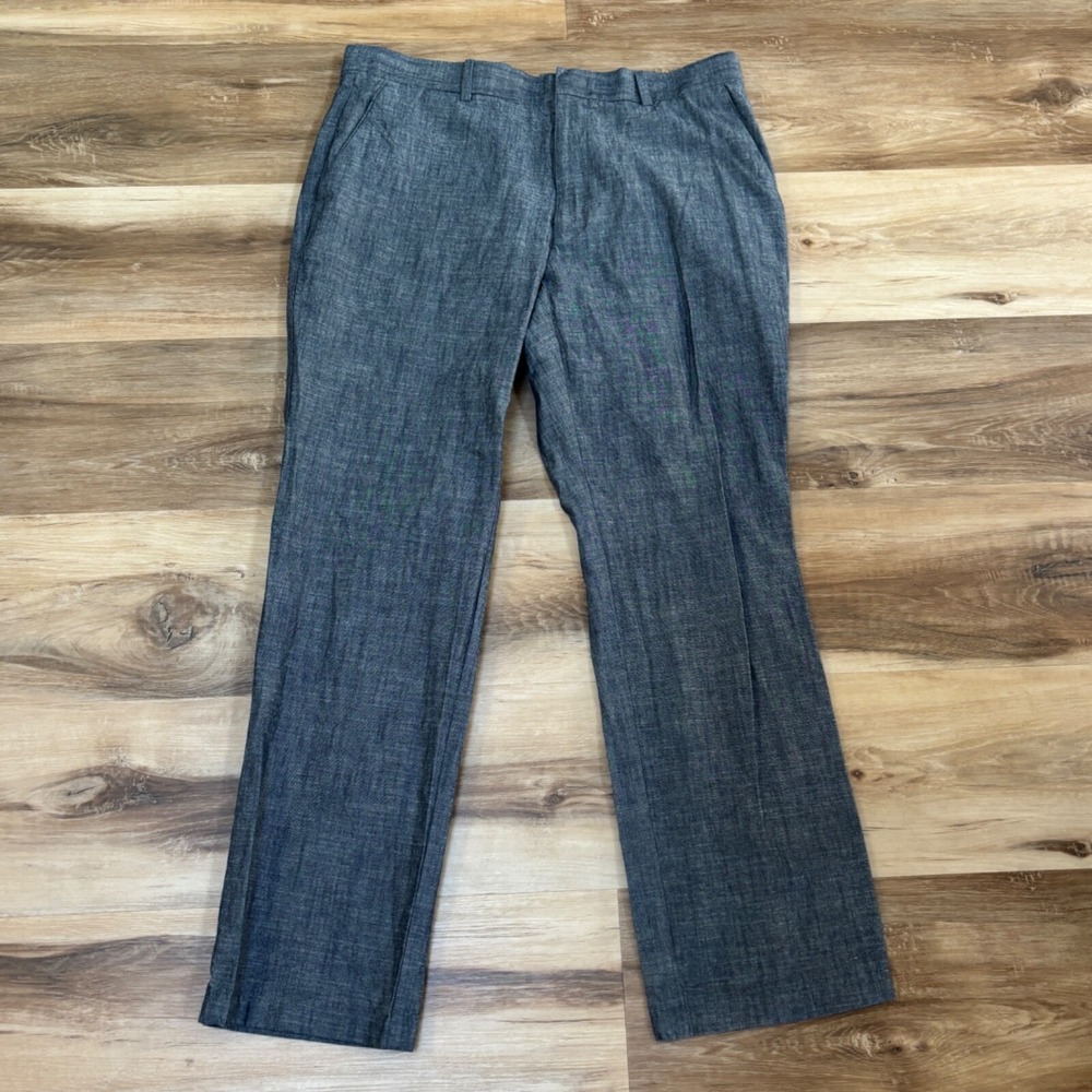 Tasso Elba Dress Pants 32x30 Blue Cotton Chambray Straight Leg Trousers